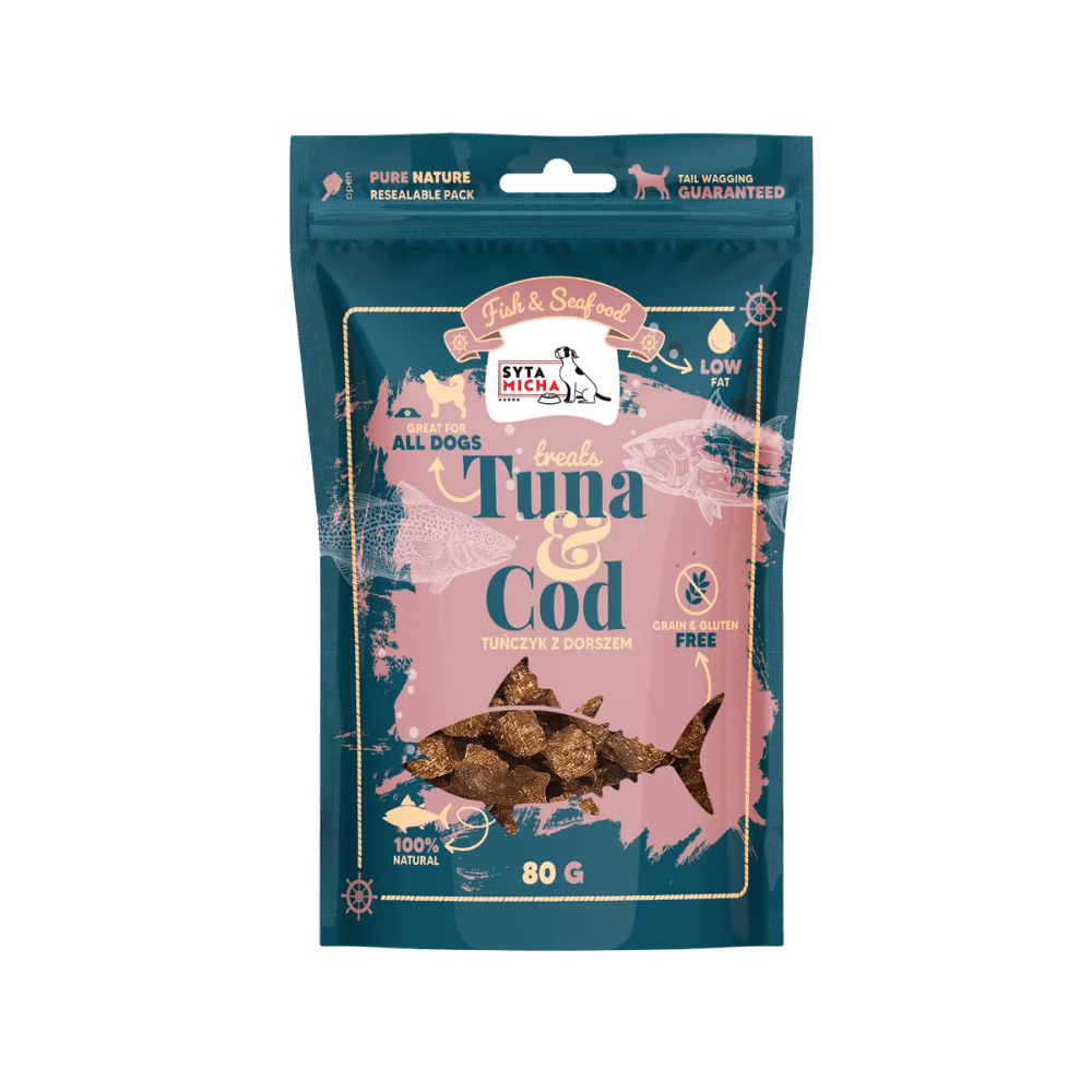 SYTA MICHA Fish & Seafood – Przysmaki dla psa, tuńczyk i dorsz 80g