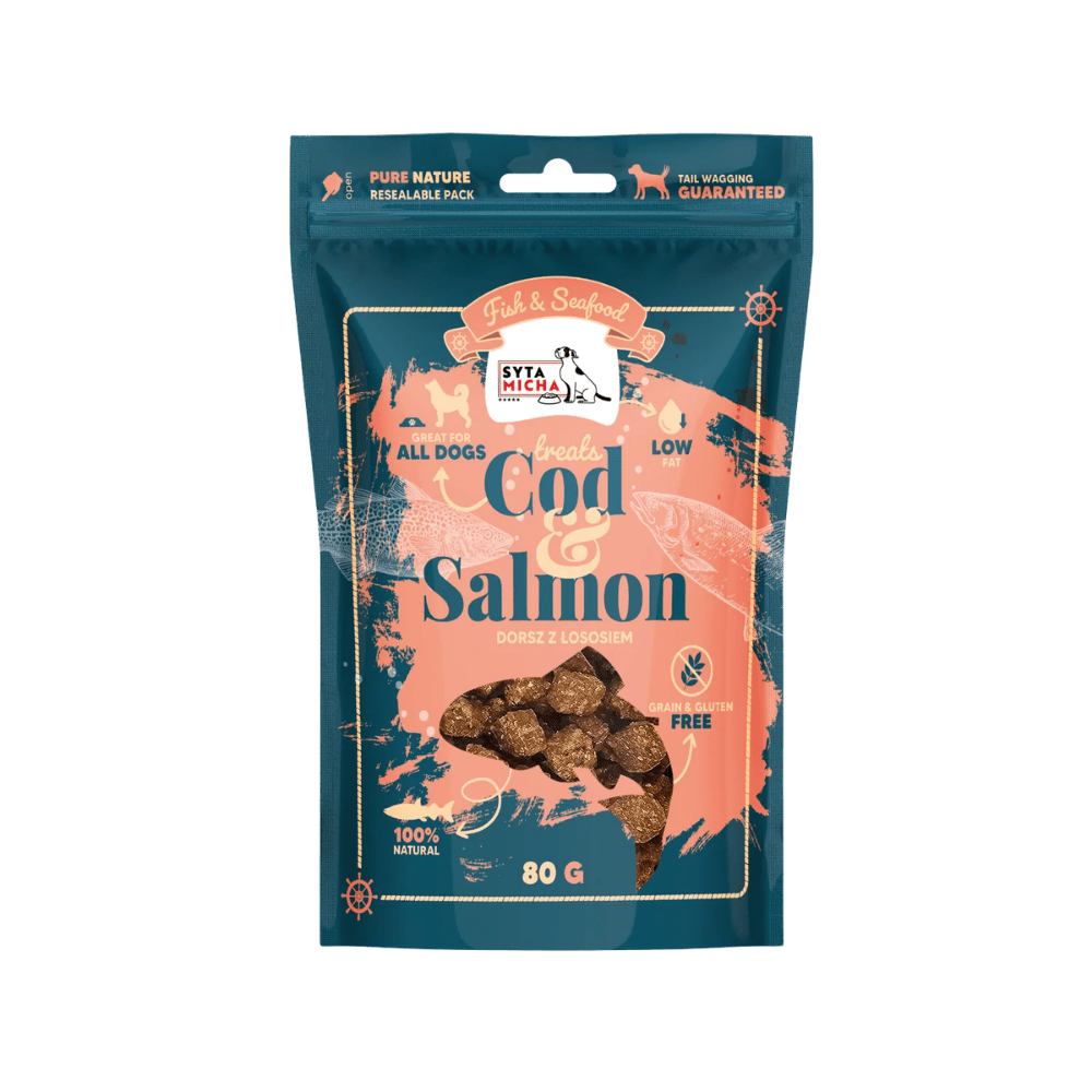 SYTA MICHA Fish & Seafood – Przysmaki dla psa, dorsz i łosoś 80g