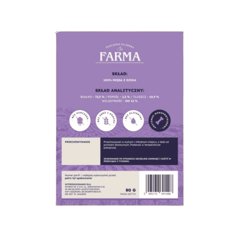 Farma – Przysmaki dla psa, suszone paski z dzika 80g