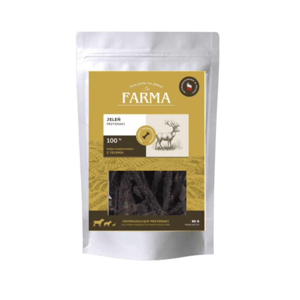 Farma – Przysmaki dla psa, suszone paski z jelenia 80g