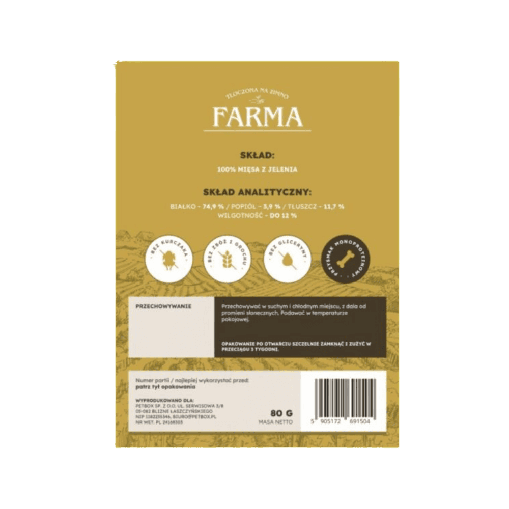 Farma – Przysmaki dla psa, suszone paski z jelenia 80g