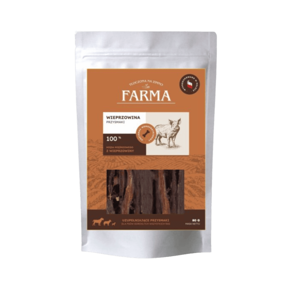 Farma – Przysmaki dla psa, suszone paski z wieprzowiny 80g