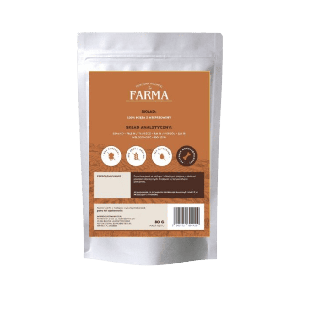 Farma – Przysmaki dla psa, suszone paski z wieprzowiny 80g