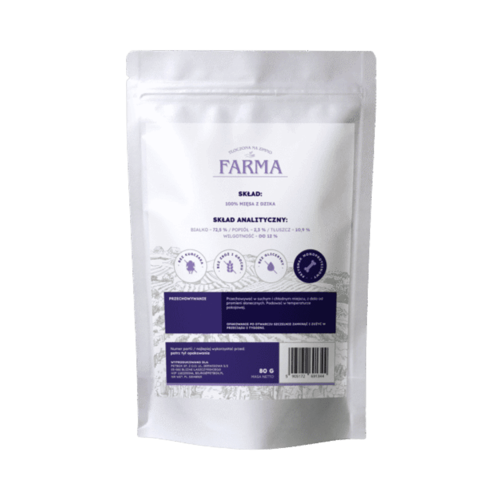 Farma – Przysmaki dla psa, suszone trenerki z dzika 80g