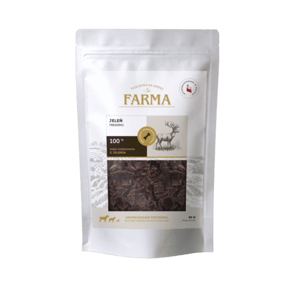 Farma – Przysmaki dla psa, suszone trenerki z jelenia 80g