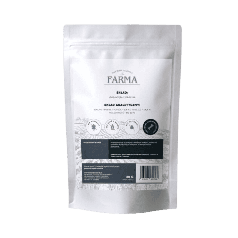Farma – Przysmaki dla psa, suszone trenerki z królika 80g
