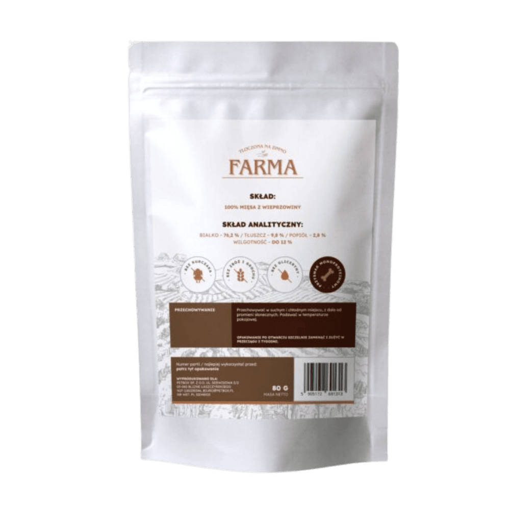 Farma – Przysmaki dla psa, suszone trenerki z wieprzowiny 80g