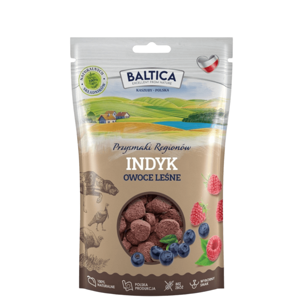 Baltica Przysmaki Regionów – Przysmaki dla psa, indyk i owoce leśne 100g