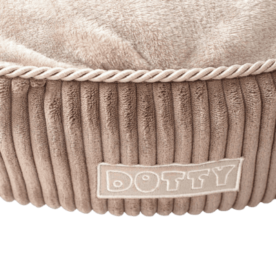 DOTTY Pufa Niska – Okrągła poducha dla psa i kota, jasnobrązowa z beżowym polarem minky - obrazek 3