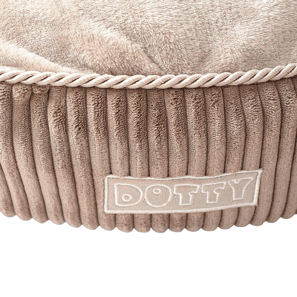 DOTTY Pufa Niska – Okrągła poducha dla psa i kota, jasnobrązowa z beżowym polarem minky