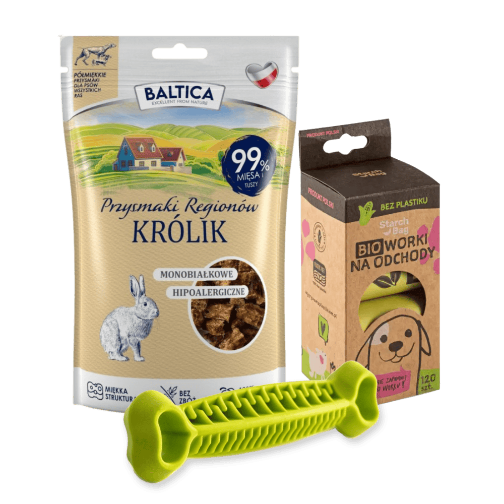 Zestaw promocyjny - FIBOO Fiboone Dental + Baltica Przysmaki Regionów królik 80g + StarchBag BIOworki 8 sztuk