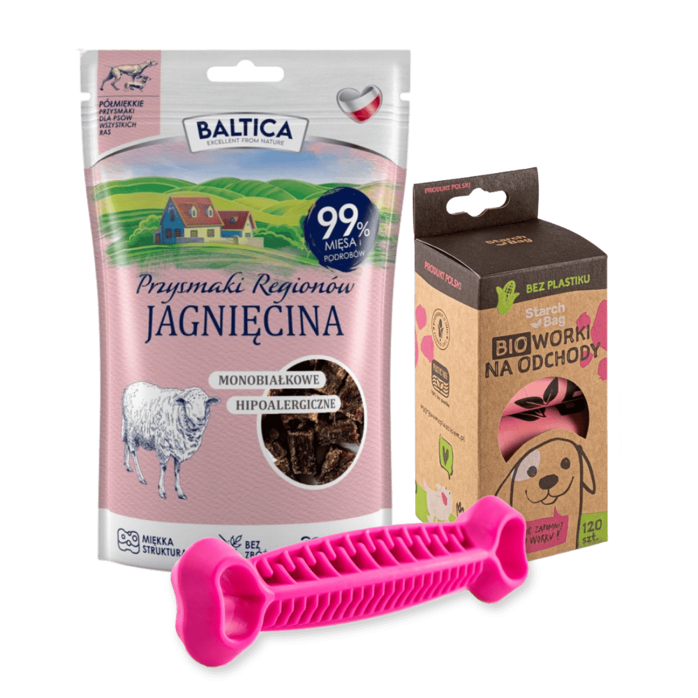 Zestaw promocyjny - FIBOO Fiboone Dental + Baltica Przysmaki Regionów jagnięcina 80g + StarchBag BIOworki 8 sztuk