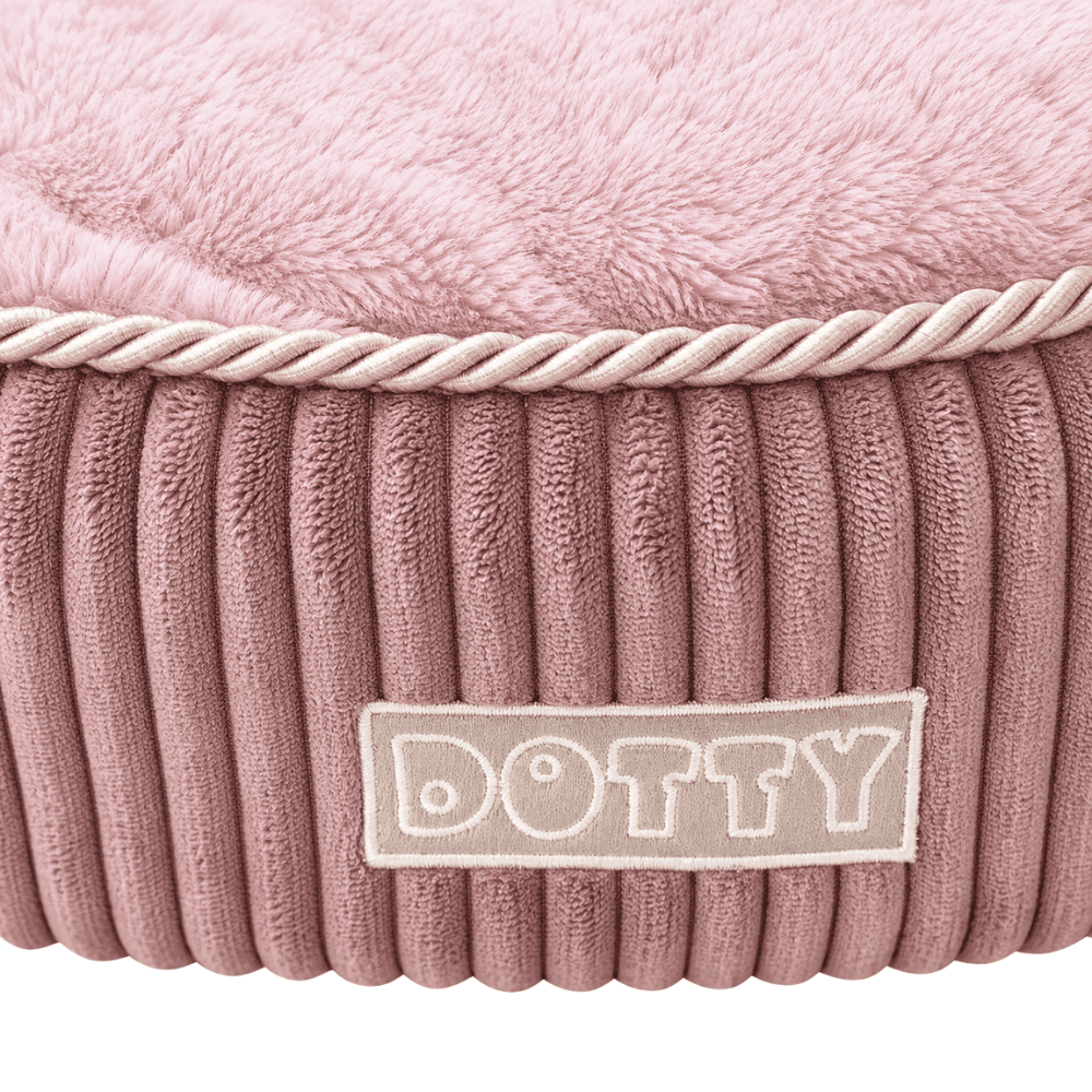 DOTTY Pufa Niska – Okrągła poducha dla psa i kota, różowa z jasnoróżowym polarem minky